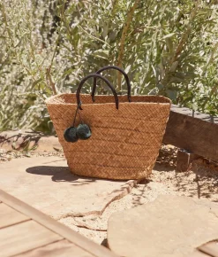 Oversized St Tropez Pom Pom Straw Tote - Black - Kayu