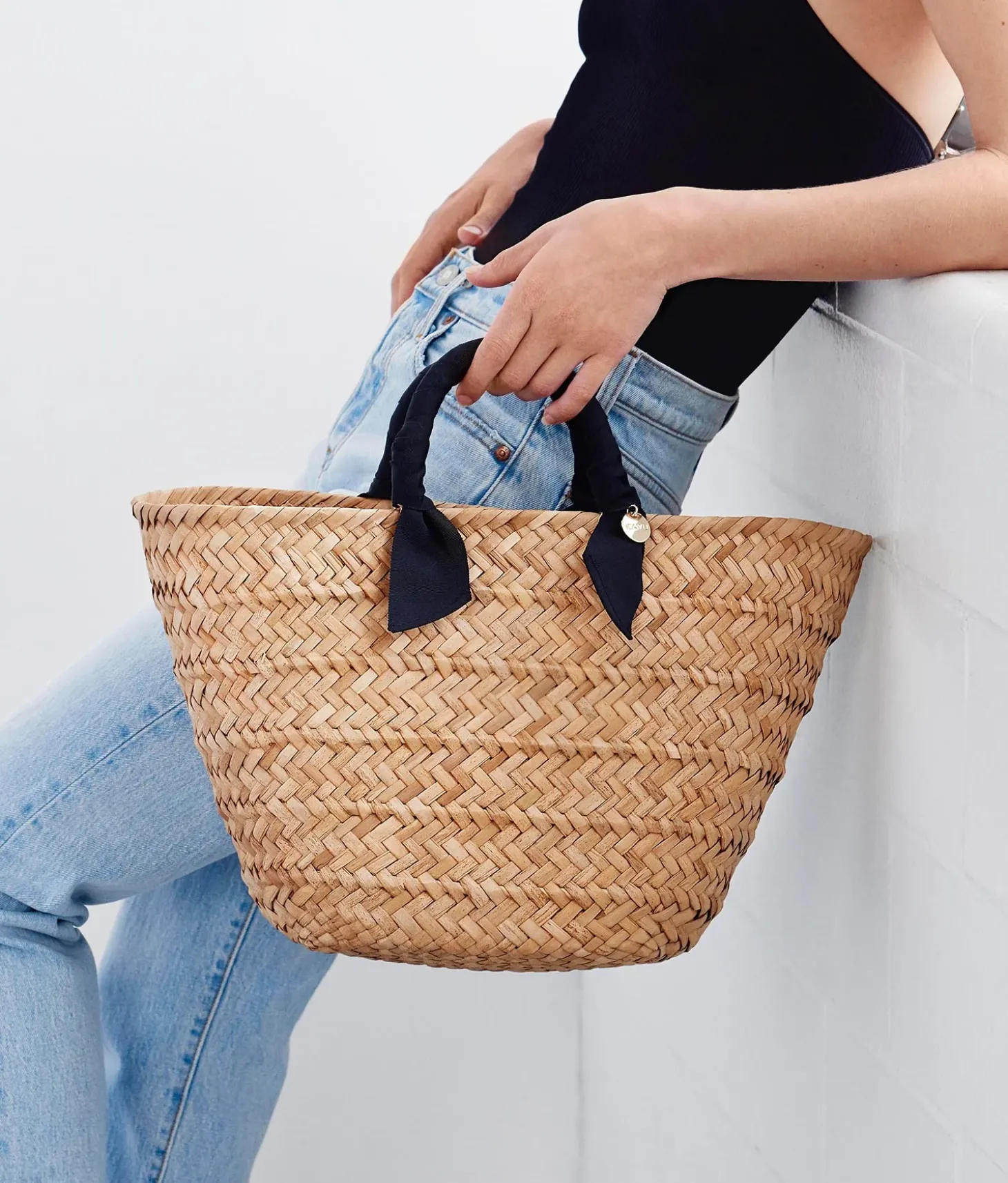 Rosie Woven Straw Ribbon Handle Tote - Black - Kayu